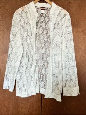 Vintage Tudor White Sheer Floral Lace Open Front Cardigan Jacket Long Sleeve L
